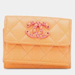 Pre Owned Chanel Orange Quilted Caviar 19 Compact Flap Wallet