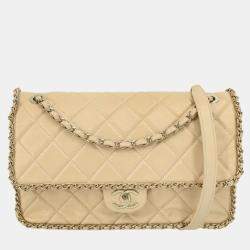 Pre Owned Chanel Beige Lambskin Jumbo Chain All Over Flap Shoulder Bag