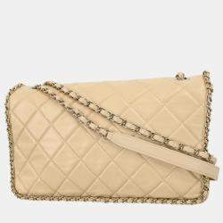 Pre Owned Chanel Beige Lambskin Jumbo Chain All Over Flap Shoulder Bag
