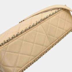 Pre Owned Chanel Beige Lambskin Jumbo Chain All Over Flap Shoulder Bag