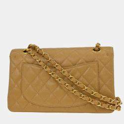 Pre Owned Chanel Beige Calfskin Small Classic Double Flap Shoulder Bag