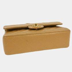Pre Owned Chanel Beige Calfskin Small Classic Double Flap Shoulder Bag