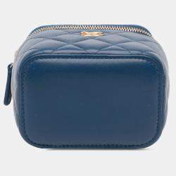 Pre Owned Chanel Blue Mini Quilted Lambskin Pearl Crush Vanity Case With Chain