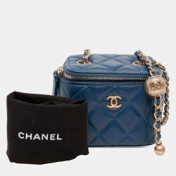 Pre Owned Chanel Blue Mini Quilted Lambskin Pearl Crush Vanity Case With Chain