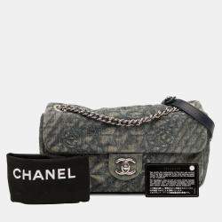Pre Owned Chanel Blue/Green Medium Embroidered Denim Camellia Flap