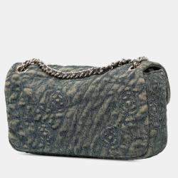 Pre Owned Chanel Blue/Green Medium Embroidered Denim Camellia Flap