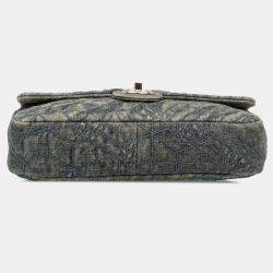 Pre Owned Chanel Blue/Green Medium Embroidered Denim Camellia Flap