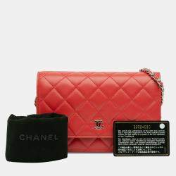 Pre Owned Chanel Red CC Quilted Lambskin Wallet on Chain