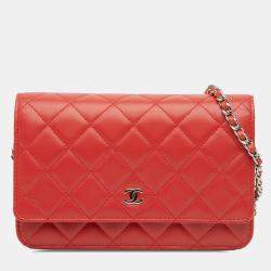Pre Owned Chanel Red CC Quilted Lambskin Wallet on Chain