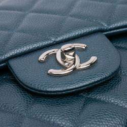 Pre Owned Chanel Blue Jumbo Classic Iridescent Caviar Double Flap