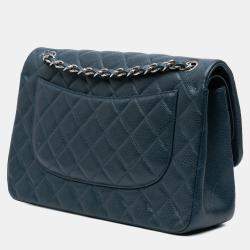 Pre Owned Chanel Blue Jumbo Classic Iridescent Caviar Double Flap