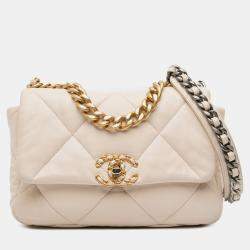 Pre Owned Chanel White Medium Lambskin 19 Flap