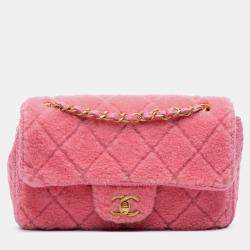 Pre Owned Chanel Pink CC Quilted Shearling and Tweed Single Flap