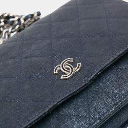 Pre Owned Chanel Navy Blue CC Quilted Metallic Fabric Wallet On Chain