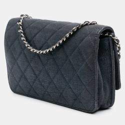Pre Owned Chanel Navy Blue CC Quilted Metallic Fabric Wallet On Chain