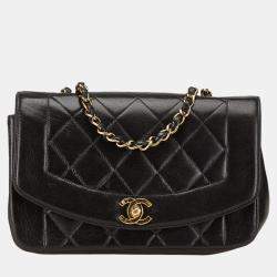 Pre Owned Chanel Matelasse Diana 22 Coco Mark Black Lambskin Shoulder Bag 