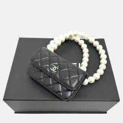 Pre Owned Chanel Cc Coco Mark Pearl Black Lambskin Long Chain Wallet