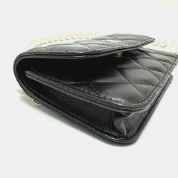Pre Owned Chanel Cc Coco Mark Pearl Black Lambskin Long Chain Wallet