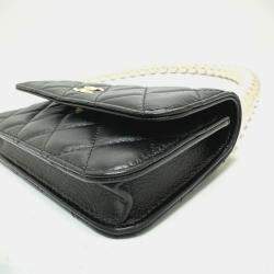 Pre Owned Chanel Cc Coco Mark Pearl Black Lambskin Long Chain Wallet