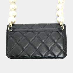 Pre Owned Chanel Cc Coco Mark Pearl Black Lambskin Long Chain Wallet