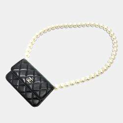 Pre Owned Chanel Cc Coco Mark Pearl Black Lambskin Long Chain Wallet