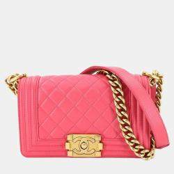 Pre Owned Chanel Boy Chanel Small Chain Shoulder Bag In Pink Lambskin