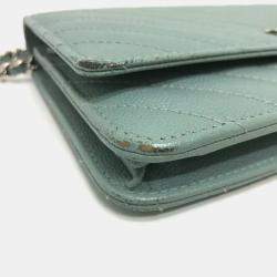 Pre Owned Chanel Long Wallet With V-Stitching And Coco Mark  Cc Chain Shoulder Bag  Caviar Leather    Blue