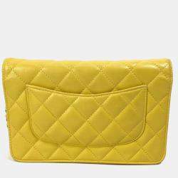 Pre Owned Chanel Cc Coco Mark Matelasse Quilted Chain Wallet/Long Wallet Lambskin  Yellow