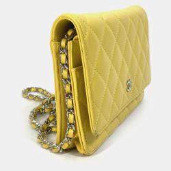 Pre Owned Chanel Cc Coco Mark Matelasse Quilted Chain Wallet/Long Wallet Lambskin  Yellow