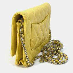 Pre Owned Chanel Cc Coco Mark Matelasse Quilted Chain Wallet/Long Wallet Lambskin  Yellow
