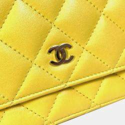 Pre Owned Chanel Cc Coco Mark Matelasse Quilted Chain Wallet/Long Wallet Lambskin  Yellow