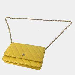 Pre Owned Chanel Cc Coco Mark Matelasse Quilted Chain Wallet/Long Wallet Lambskin  Yellow
