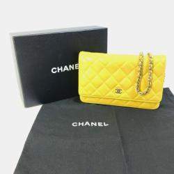 Pre Owned Chanel Cc Coco Mark Matelasse Quilted Chain Wallet/Long Wallet Lambskin  Yellow