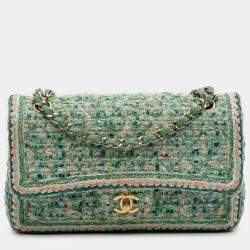 Pre Owned Chanel Green Medium Classic Quilted Tweed Braided Double Flap
