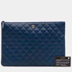 Pre Owned Chanel Blue Large Quilted Lambskin O Case Clutch