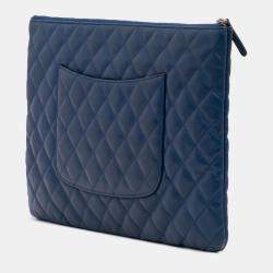 Pre Owned Chanel Blue Large Quilted Lambskin O Case Clutch