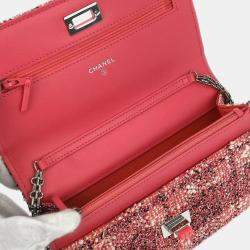 Pre Owned Chanel Pink Tweed Mademoiselle Lock Classic WOC Wallet On Chain