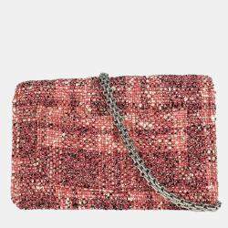 Pre Owned Chanel Pink Tweed Mademoiselle Lock Classic WOC Wallet On Chain