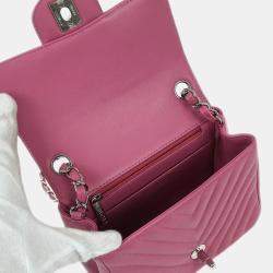 Pre Owned Chanel Pink Lambskin Chevron Mini Classic Square Flap Bag