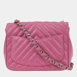 Pre Owned Chanel Pink Lambskin Chevron Mini Classic Square Flap Bag