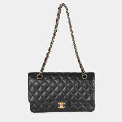 Pre Owned Chanel Black Quilted Caviar Medium Classic Double Flap Bag