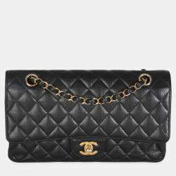 Pre Owned Chanel Black Quilted Caviar Medium Classic Double Flap Bag