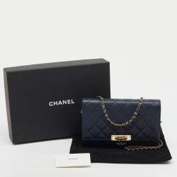Pre Owned Chanel Navy Blue Quilted Caviar Leather Golden Class Wallet On Chain
