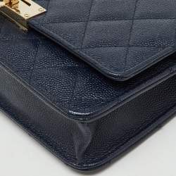 Pre Owned Chanel Navy Blue Quilted Caviar Leather Golden Class Wallet On Chain