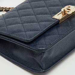 Pre Owned Chanel Navy Blue Quilted Caviar Leather Golden Class Wallet On Chain