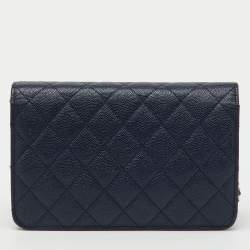 Pre Owned Chanel Navy Blue Quilted Caviar Leather Golden Class Wallet On Chain