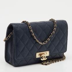Pre Owned Chanel Navy Blue Quilted Caviar Leather Golden Class Wallet On Chain