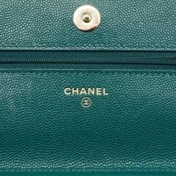 Pre Owned Chanel Teal Blue Quilted Caviar Leather Classic Wallet On Chain