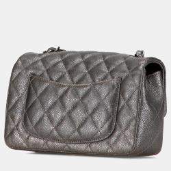 Pre Owned Chanel Grey Mini Rectangular Classic Metallic Caviar Single Flap