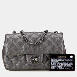 Pre Owned Chanel Grey Mini Rectangular Classic Metallic Caviar Single Flap